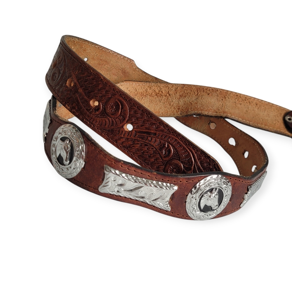 Vintage Western Embossed Leather Belt with Silver Equestrian Conchos  38